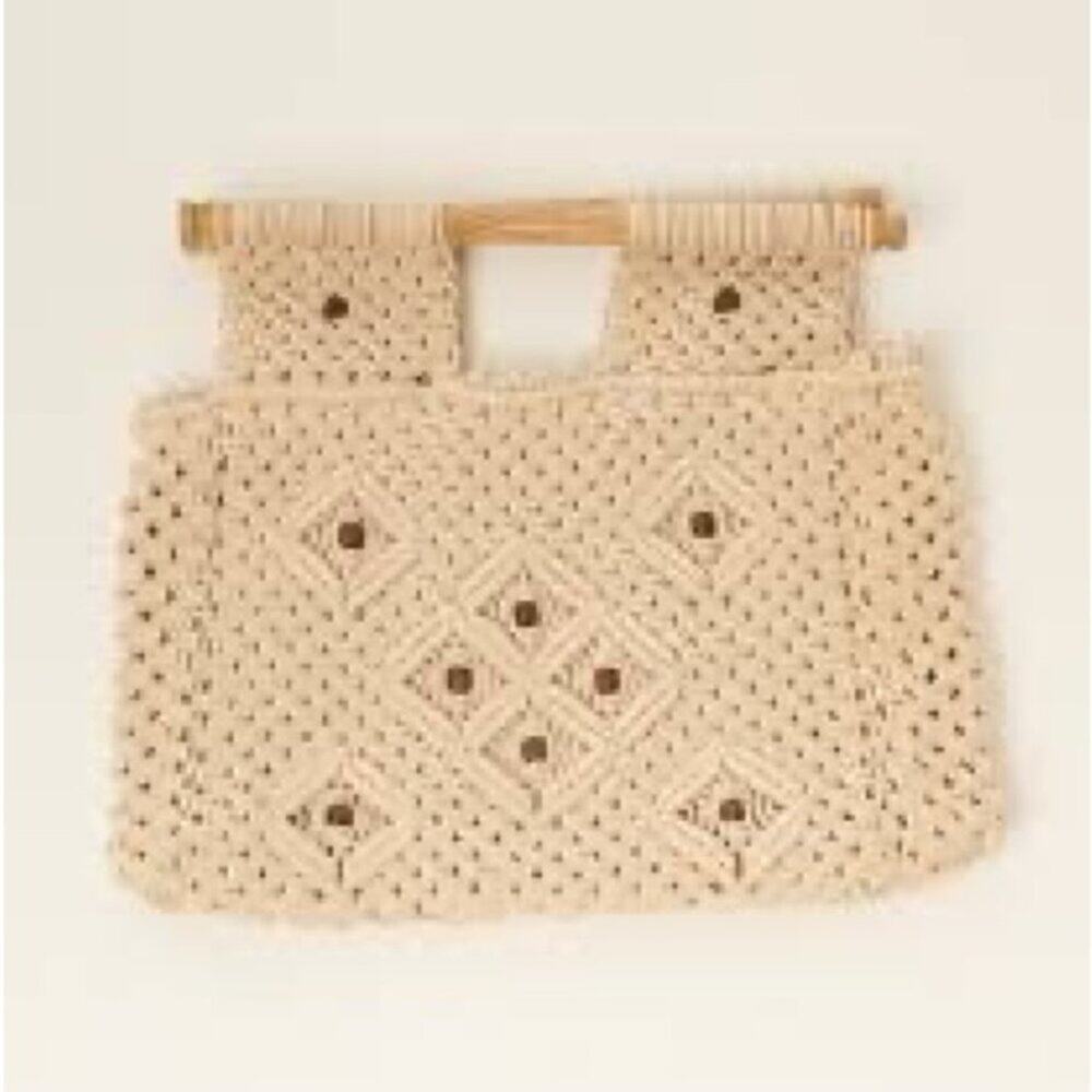 Virginia Wolf “Sadie” Macrame Bag – Natural Beige – Wooden Handles – EUC